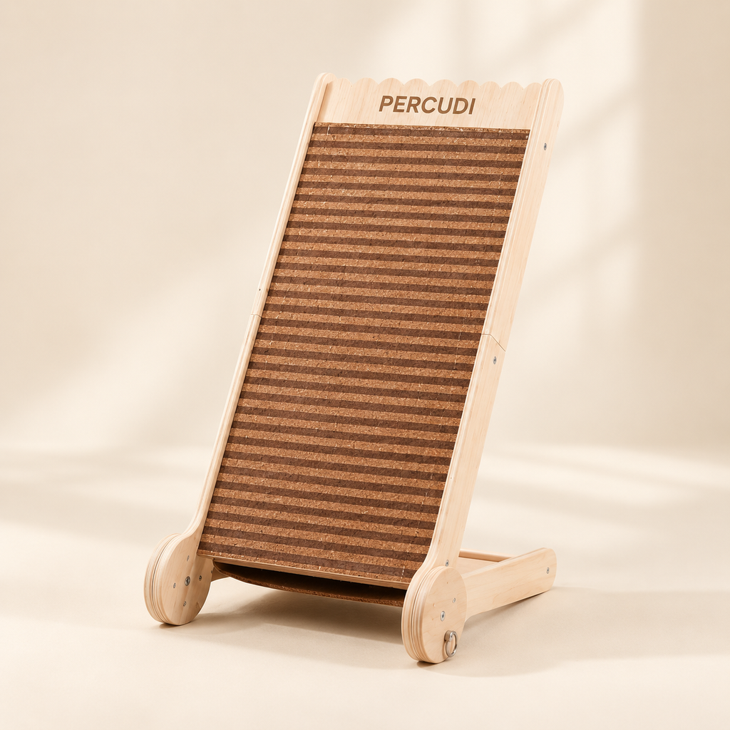 Adjustable-angle natural cork standing cat scratcher with replaceable scratching surface and natural wood frame