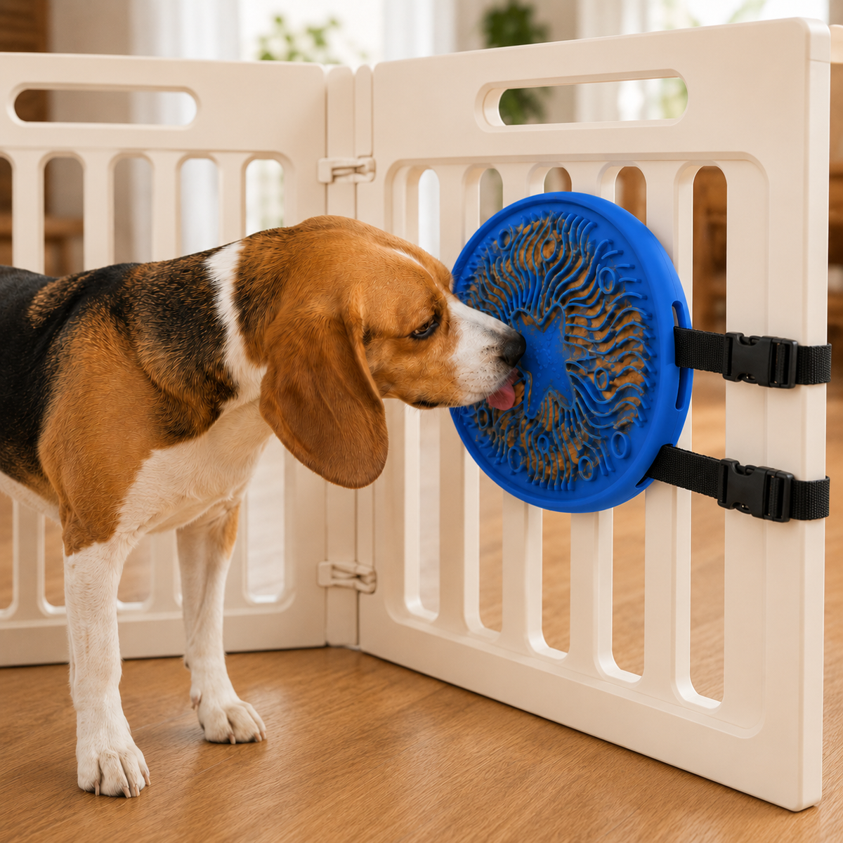 Beagle using a Sage Green lick mat mounted inside a white pet playpen