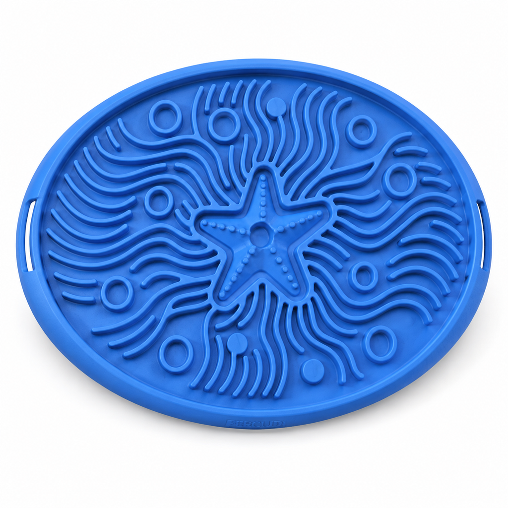 Blue silicone dog lick mat for floor crate and playpen use