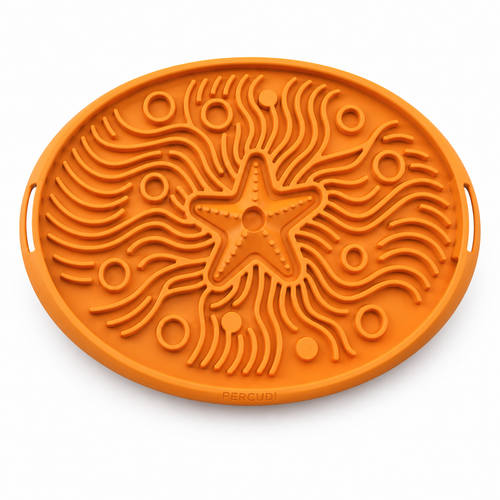 Orange adjustable silicone crate and playpen lick mat with ocean-inspired texture