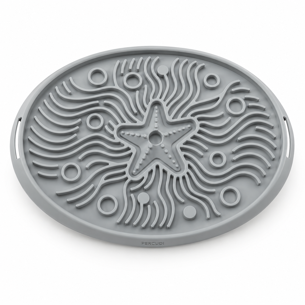 Gray silicone crate lick mat with textured feeding surface