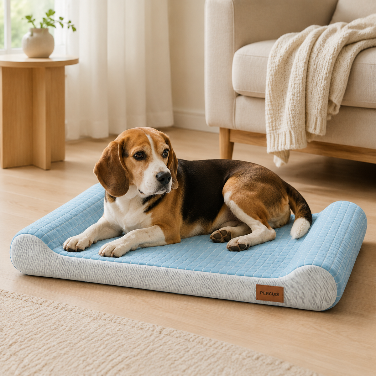 Beagle resting on an ice blue air-fiber cooling pet mat at home