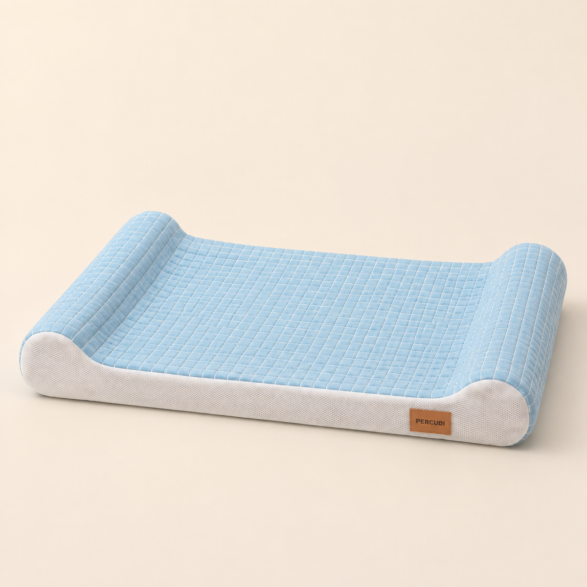 Ice blue breathable air-fiber cooling pet mat with raised side bolsters