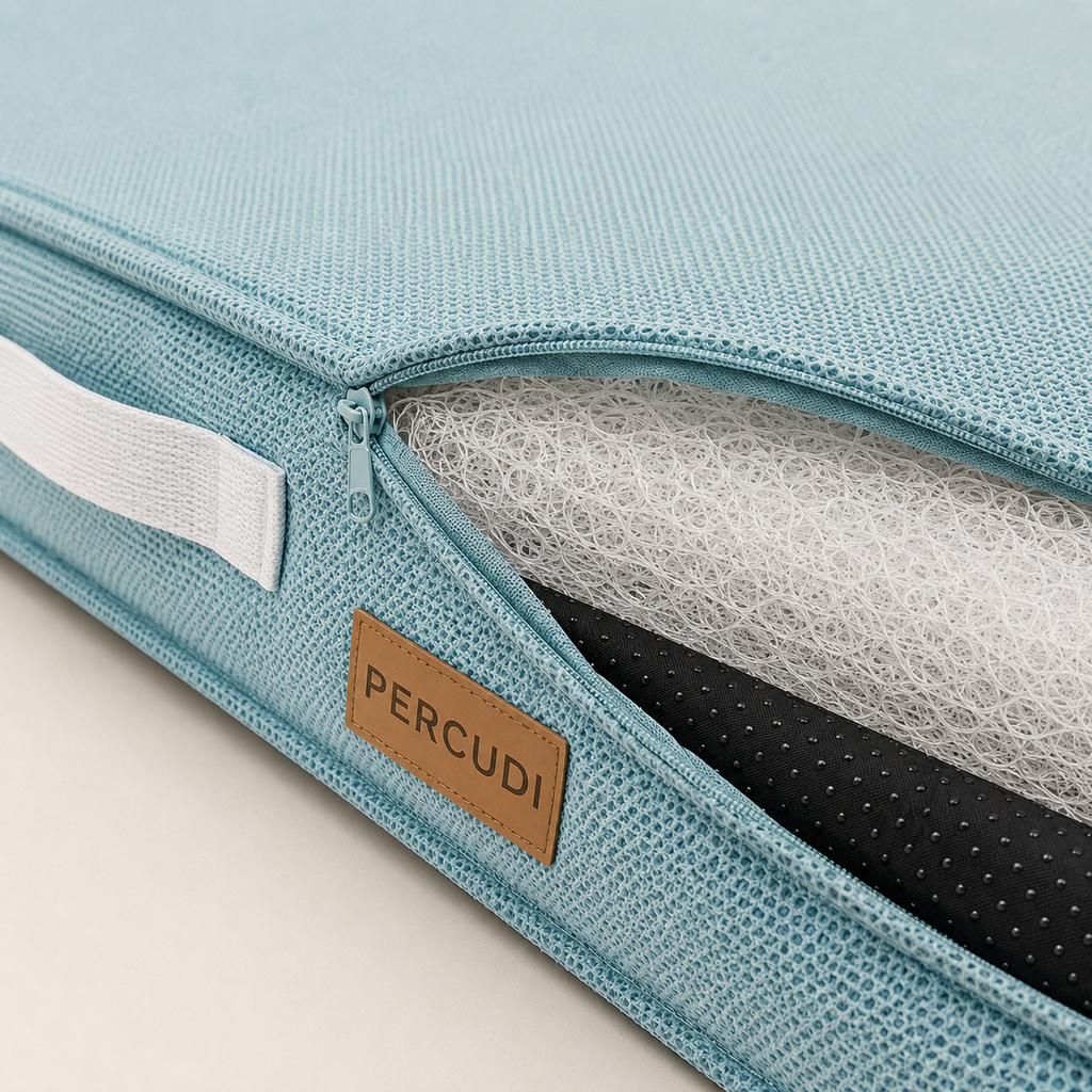 Close-up of the woven cover, air-fiber core, zipper and non-slip pet mattress base