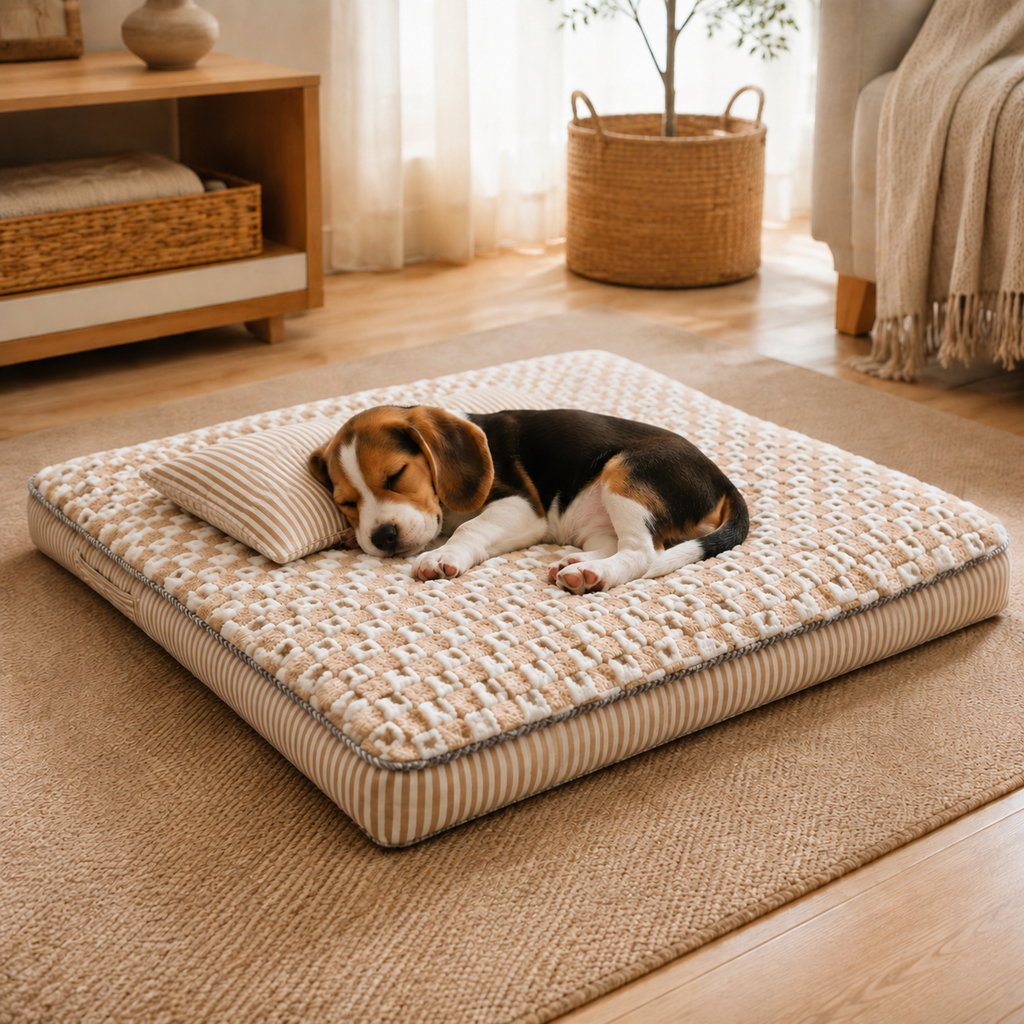 Small Beagle puppy sleeping on checkered pet mattress with pillow