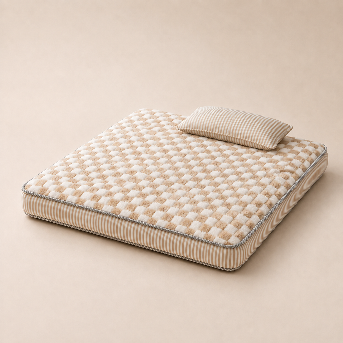 Percudi cream and beige checkered pet mattress with pillow
