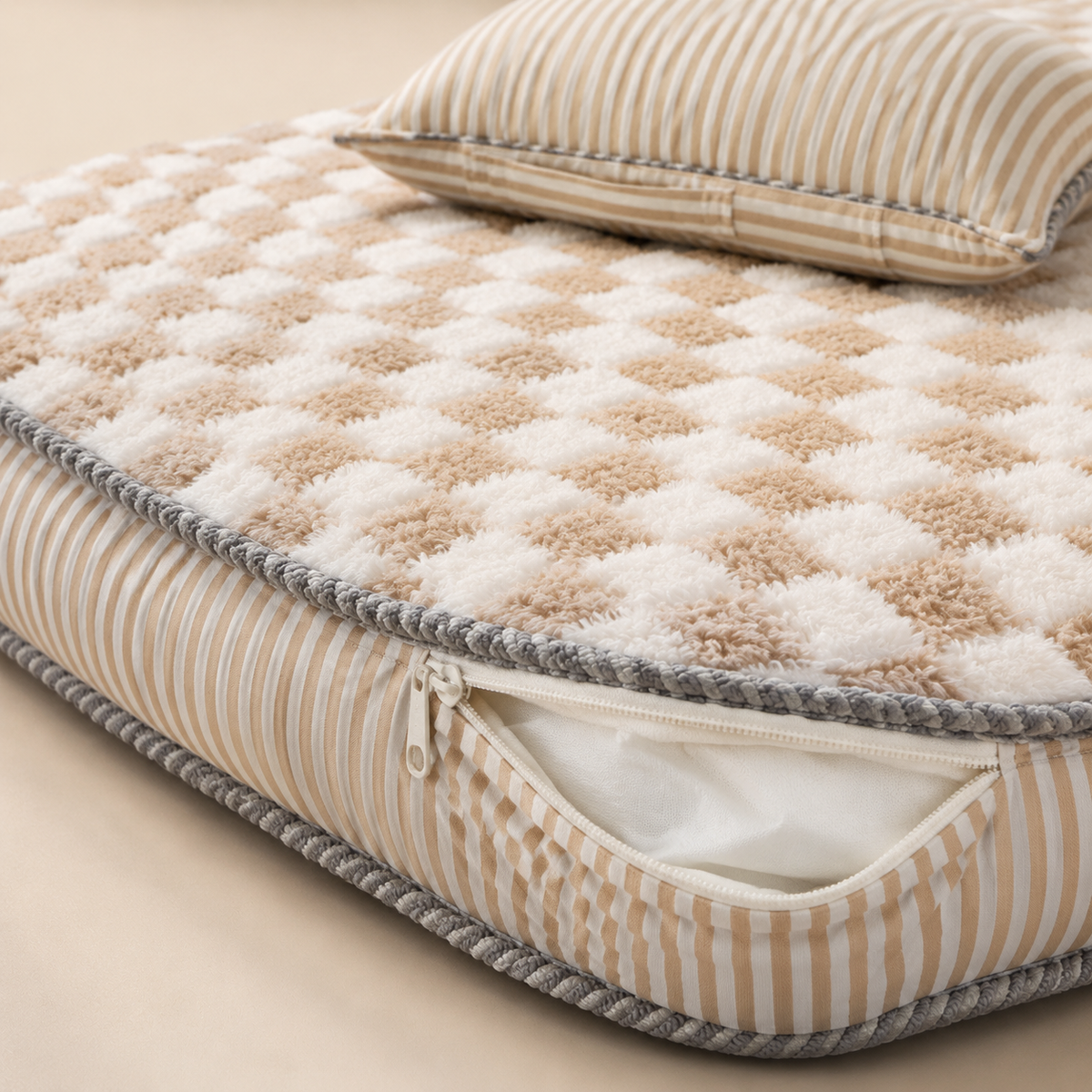 Checkered plush surface and removable cover zipper detail