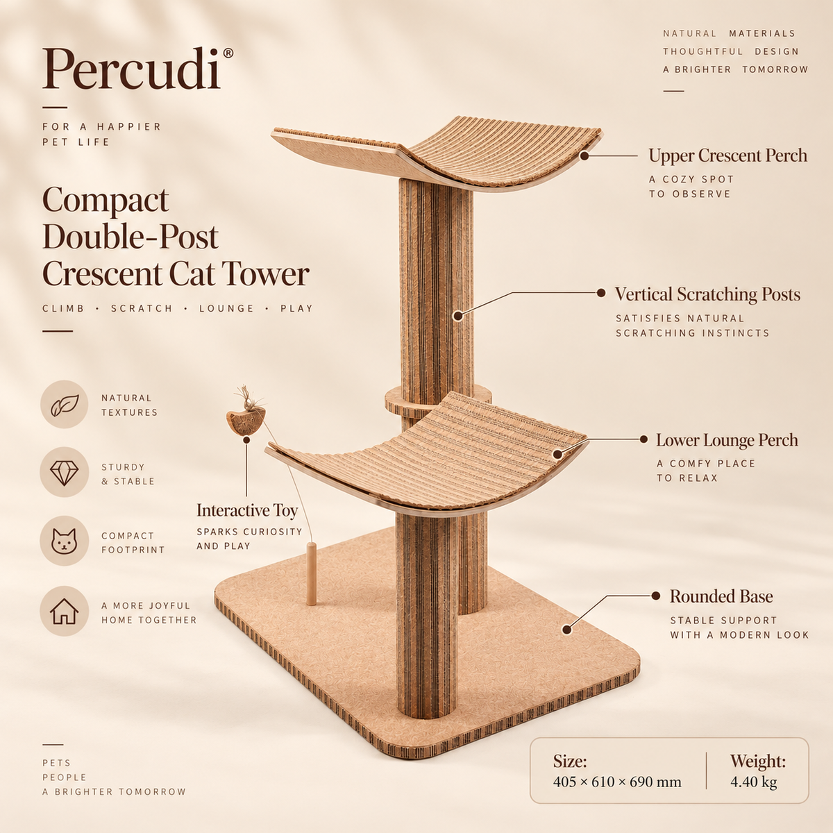 Product poster showing the structure and natural material details of the compact double-post crescent cat tower