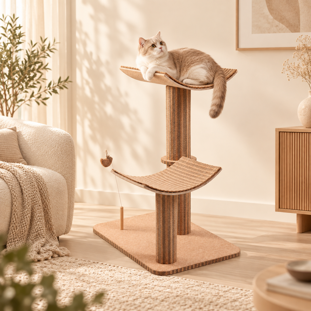 Cat resting on a compact double-post crescent cat tower in a warm neutral interior