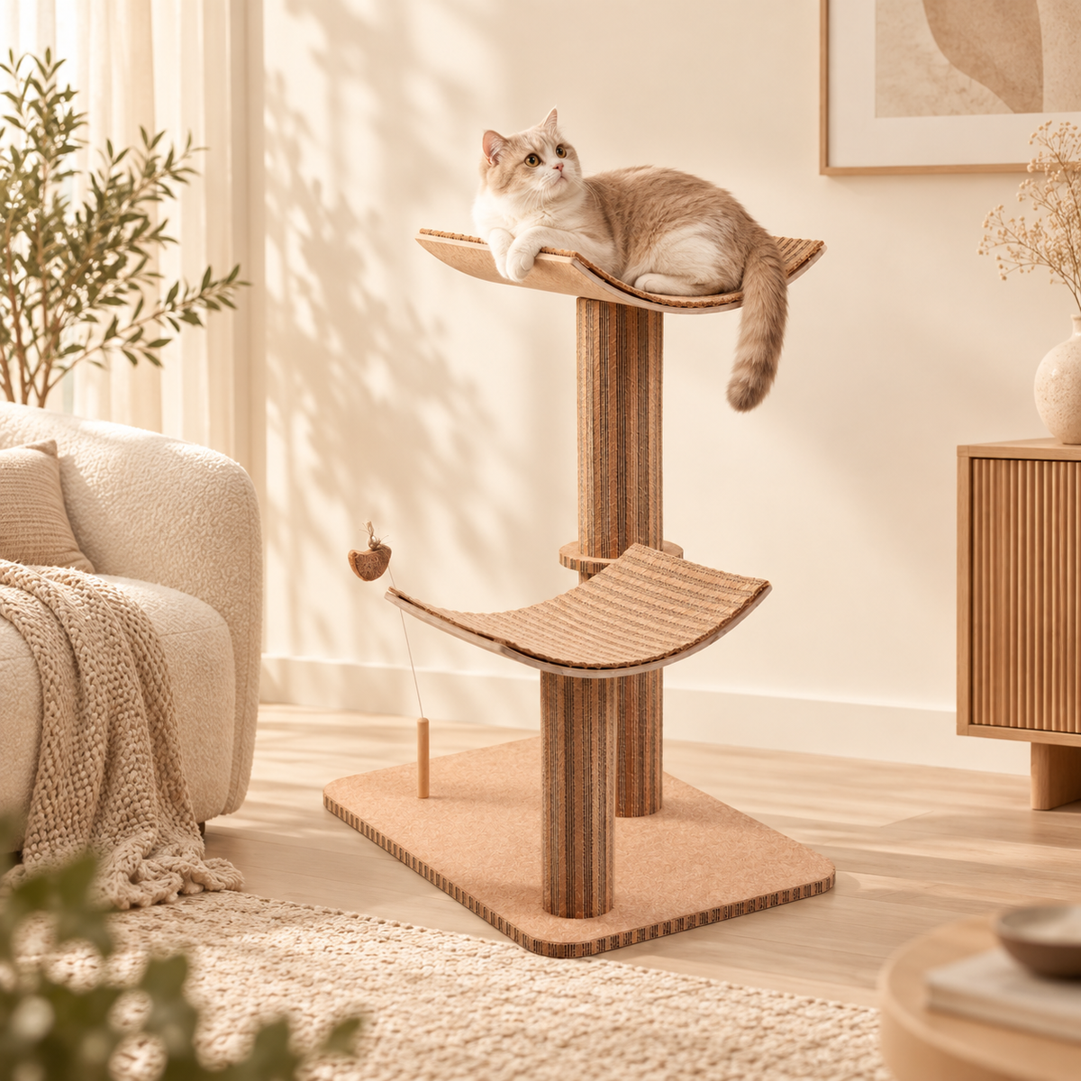 Cat resting on a compact double-post crescent cat tower in a warm neutral interior