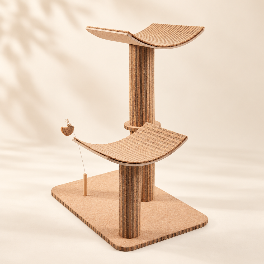 Compact double-post crescent cat tower with warm neutral styling and natural material finish