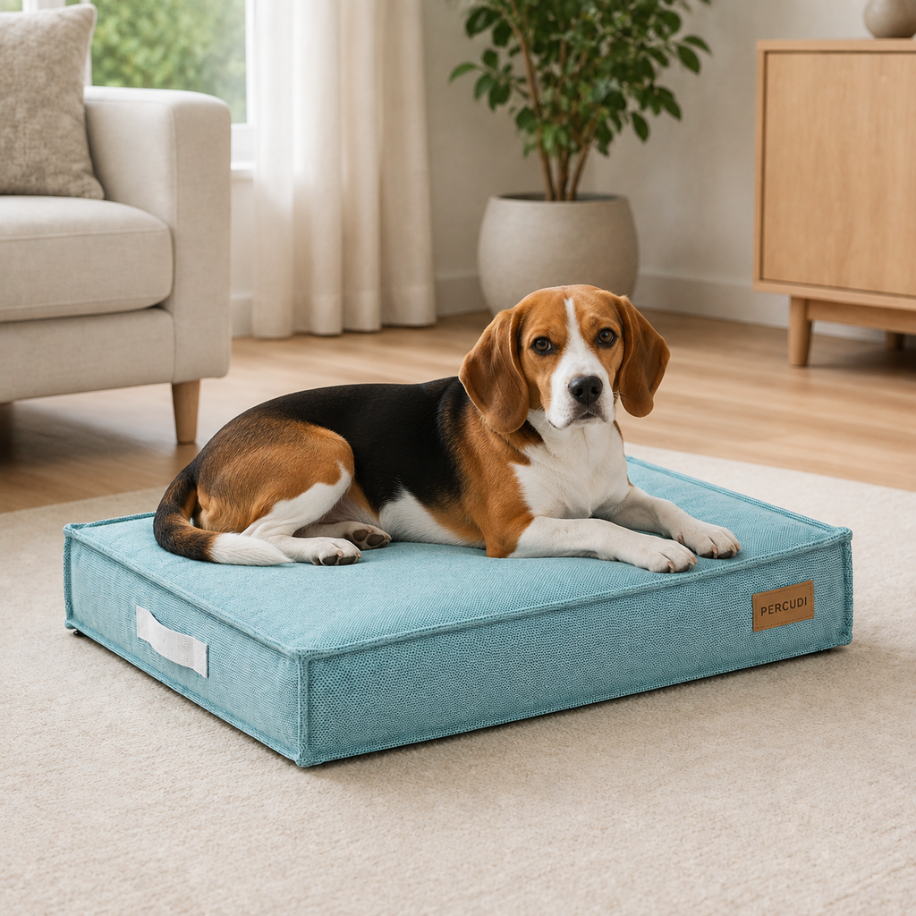Tricolor beagle resting on a durable aqua air-fiber pet mattress at home