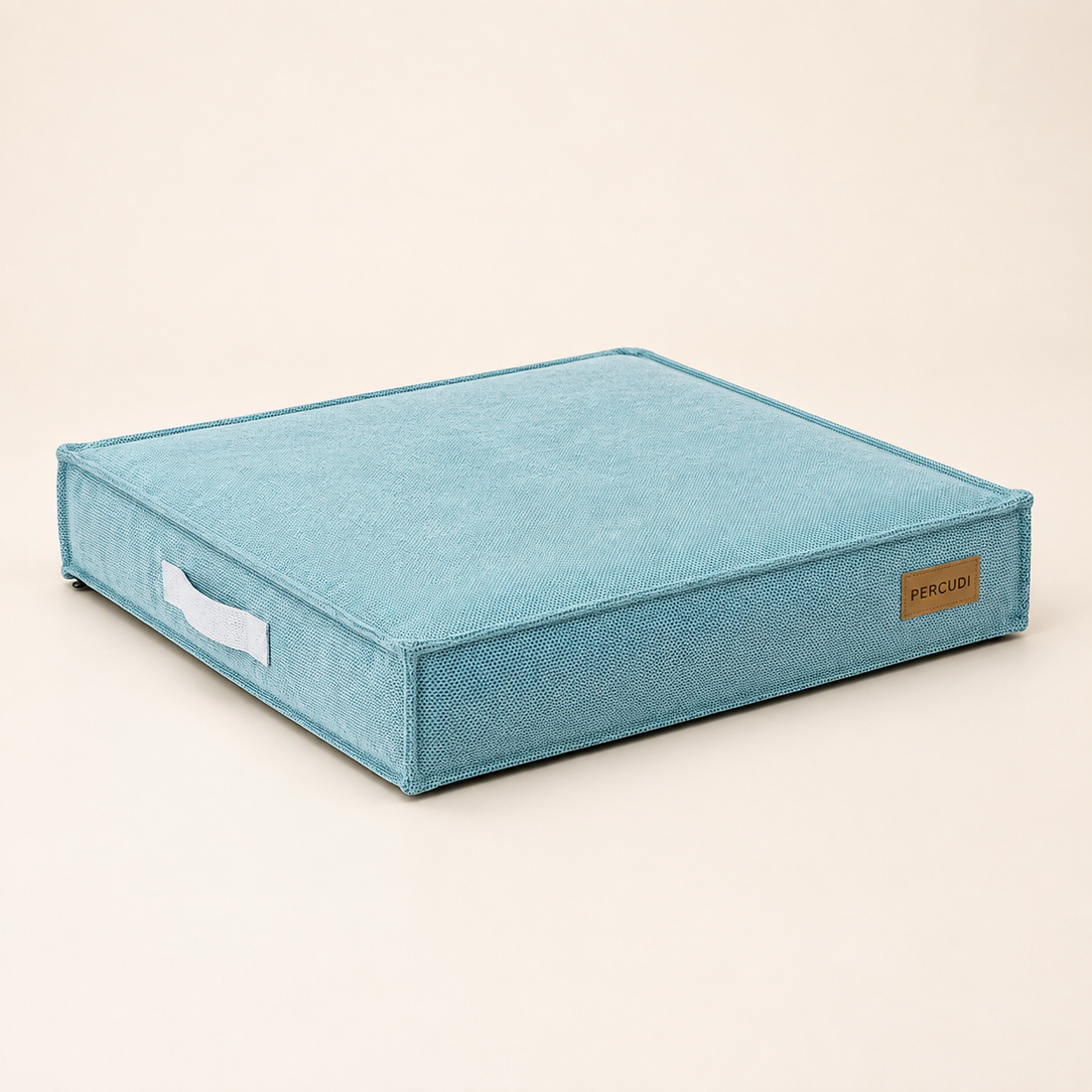 Muted aqua durable woven air-fiber pet mattress with a carry handle