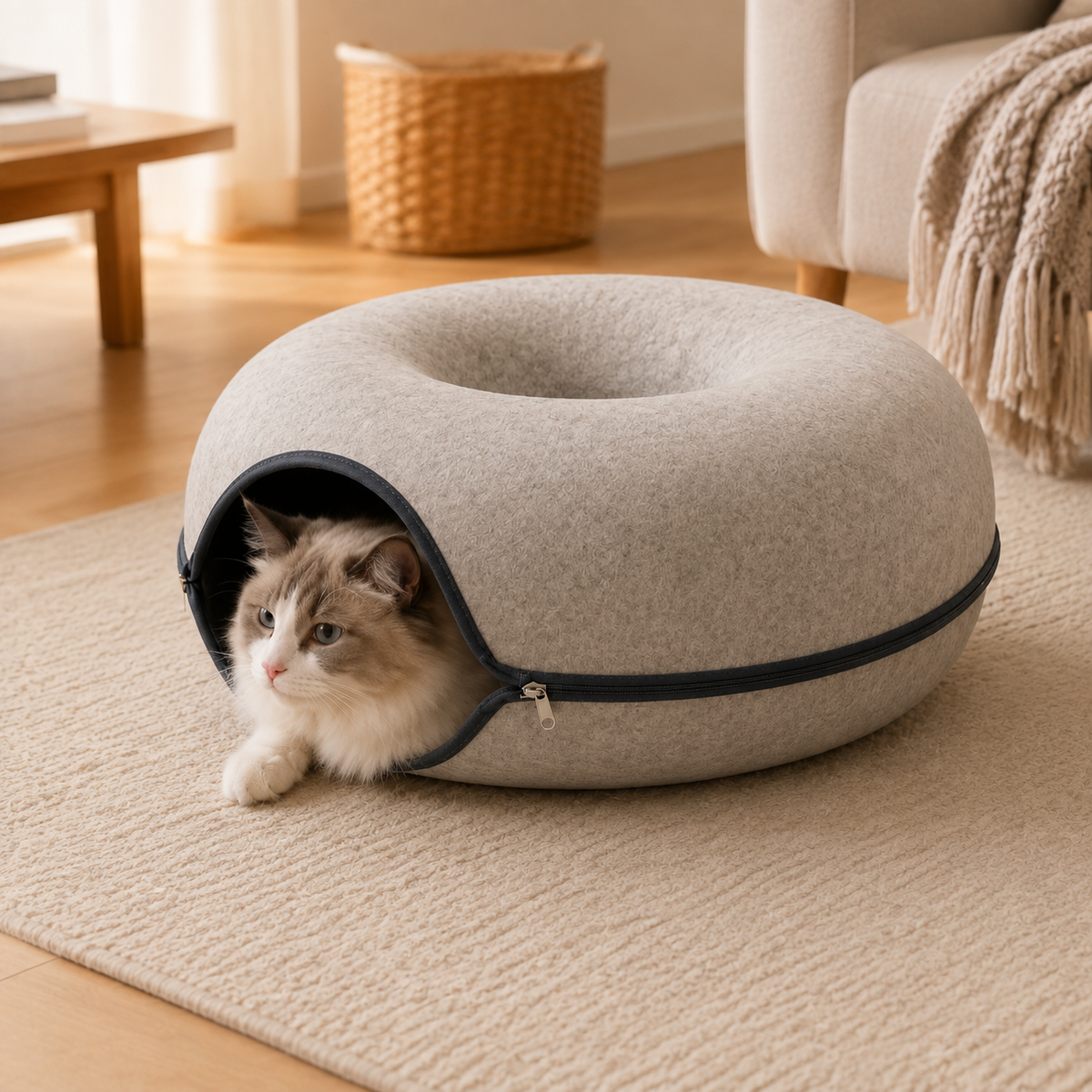 Cat resting inside a gray felt donut-shaped cat cave in a modern living room