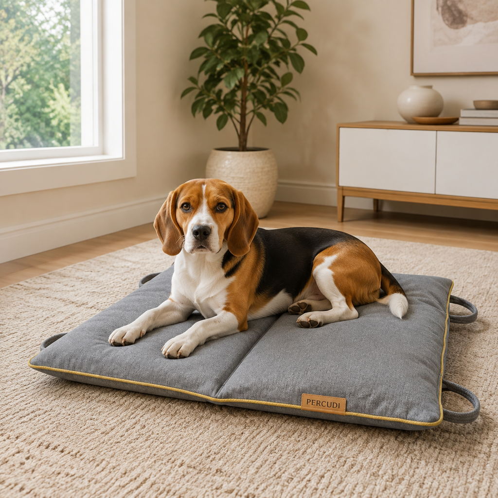 Tricolor beagle resting on an open foldable pet mat at home