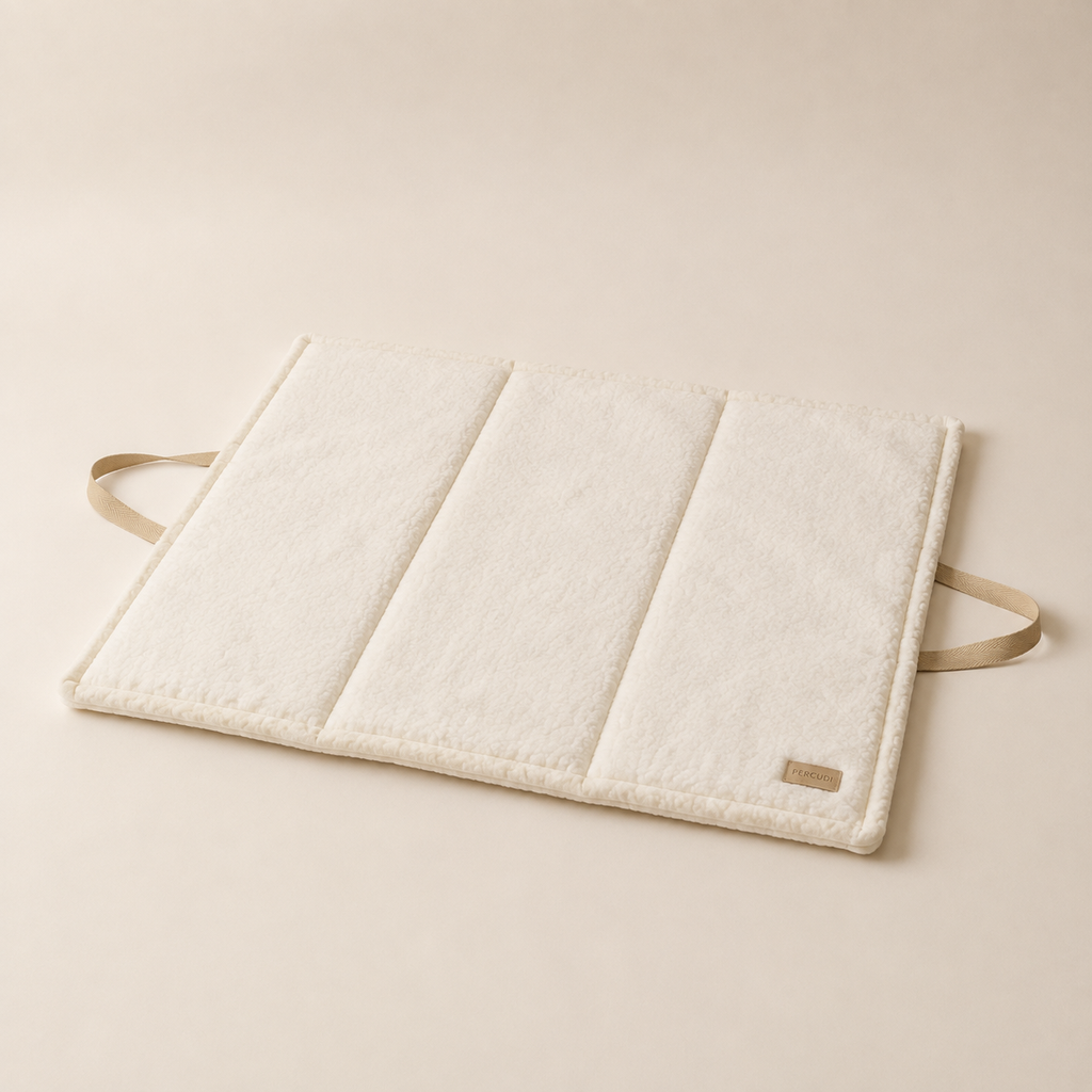 Ivory foldable sherpa travel pet mat with integrated carry handles