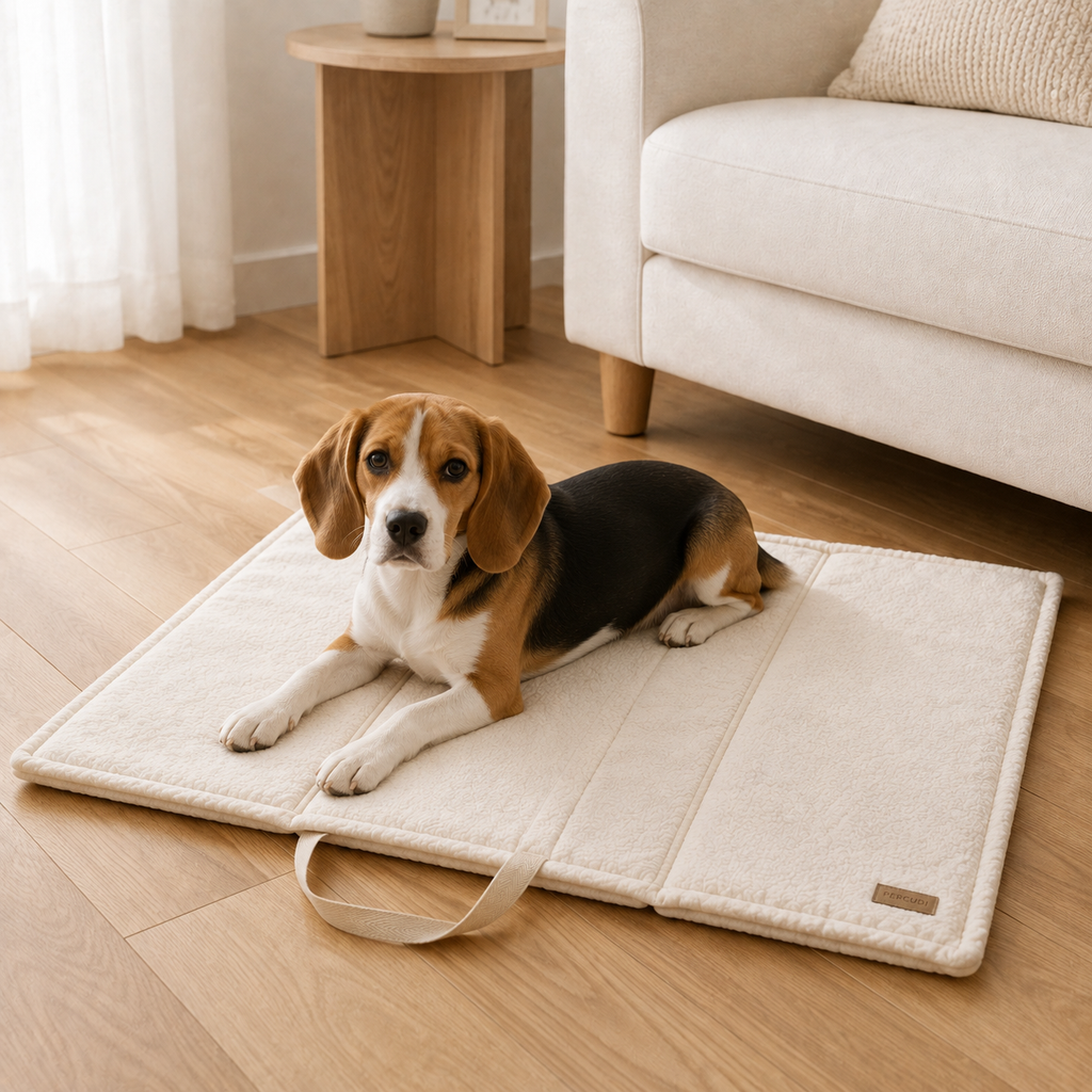 Young beagle resting on an ivory foldable sherpa pet mat at home