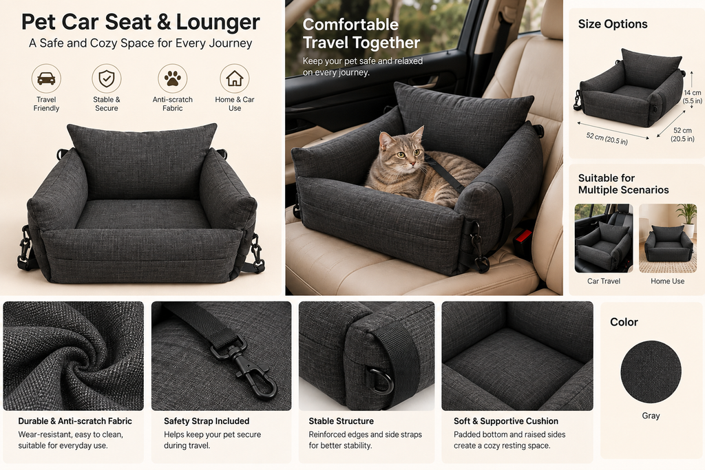 Feature overview of charcoal gray pet car seat showing travel use, anti-scratch fabric, safety leash and size details