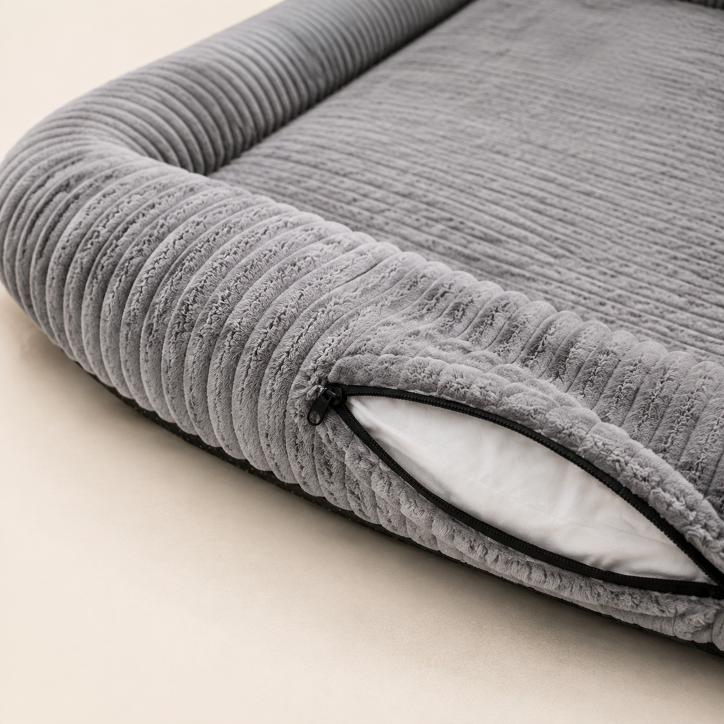 Removable cover zipper and corduroy bolster detail