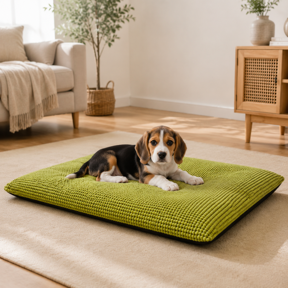 Small Beagle puppy resting on green nubby pet mat