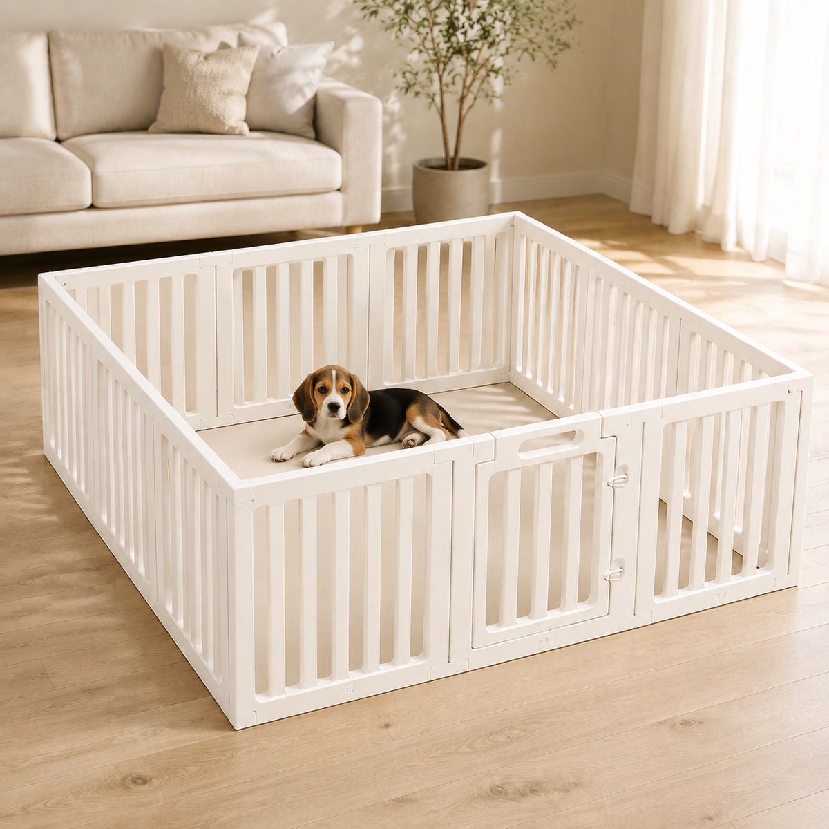 Small Beagle puppy resting inside Percudi HDPE modular pet playpen