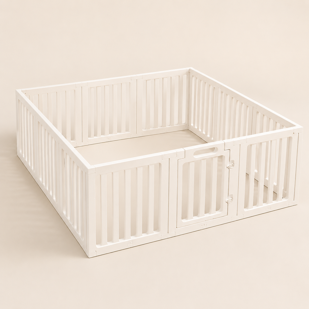 Percudi HDPE modular pet playpen with access gate on warm white background