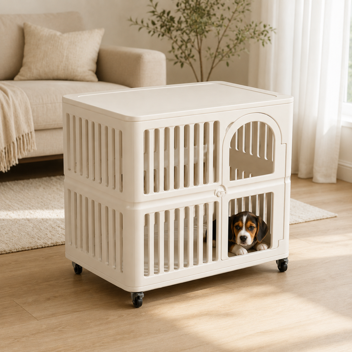 Small Beagle puppy resting in the lower level of a Percudi two-tier HDPE pet crate