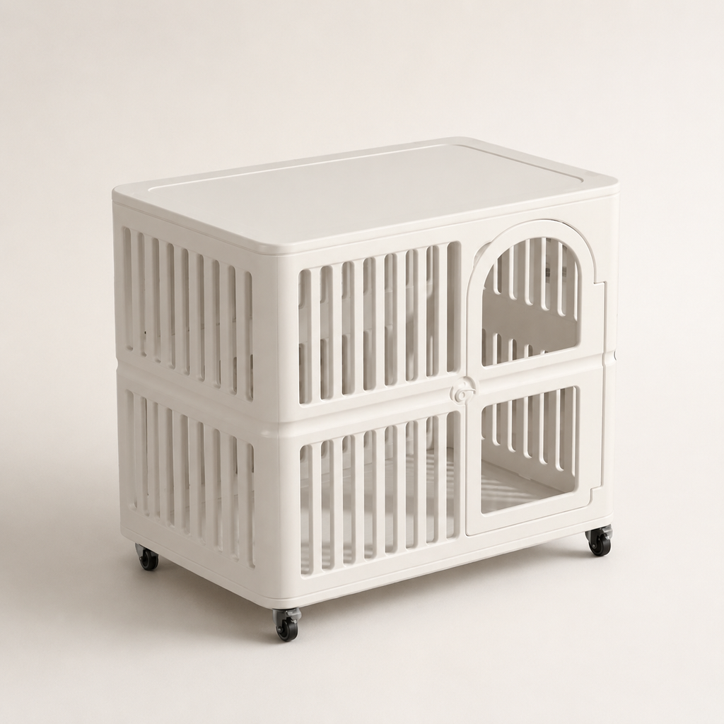 Percudi two-tier HDPE pet crate with ventilation panels and caster wheels