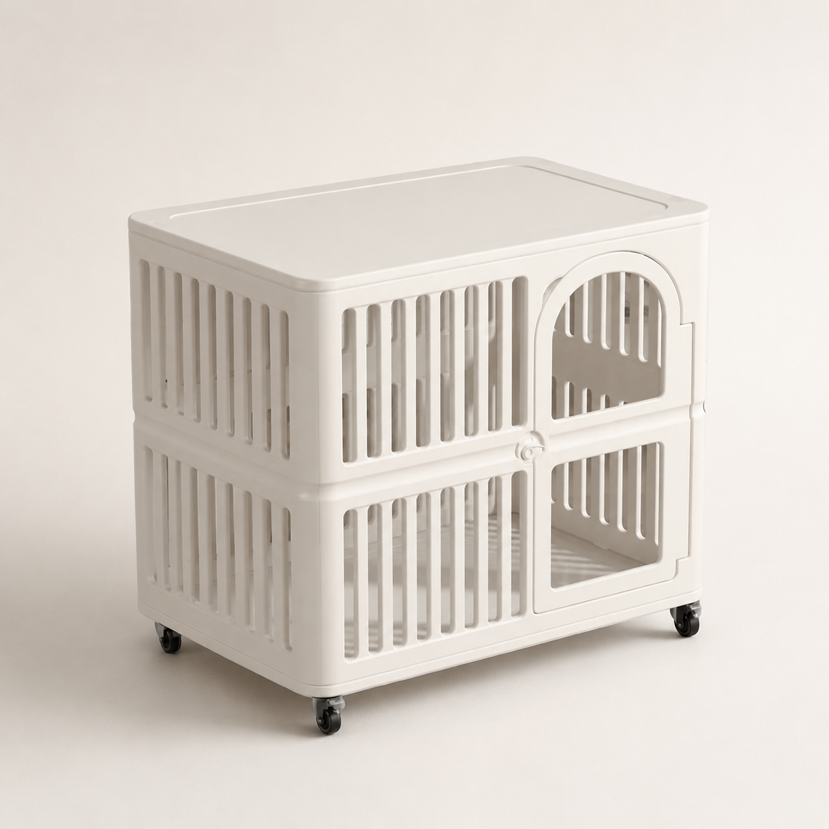 Percudi two-tier HDPE pet crate with ventilation panels and caster wheels