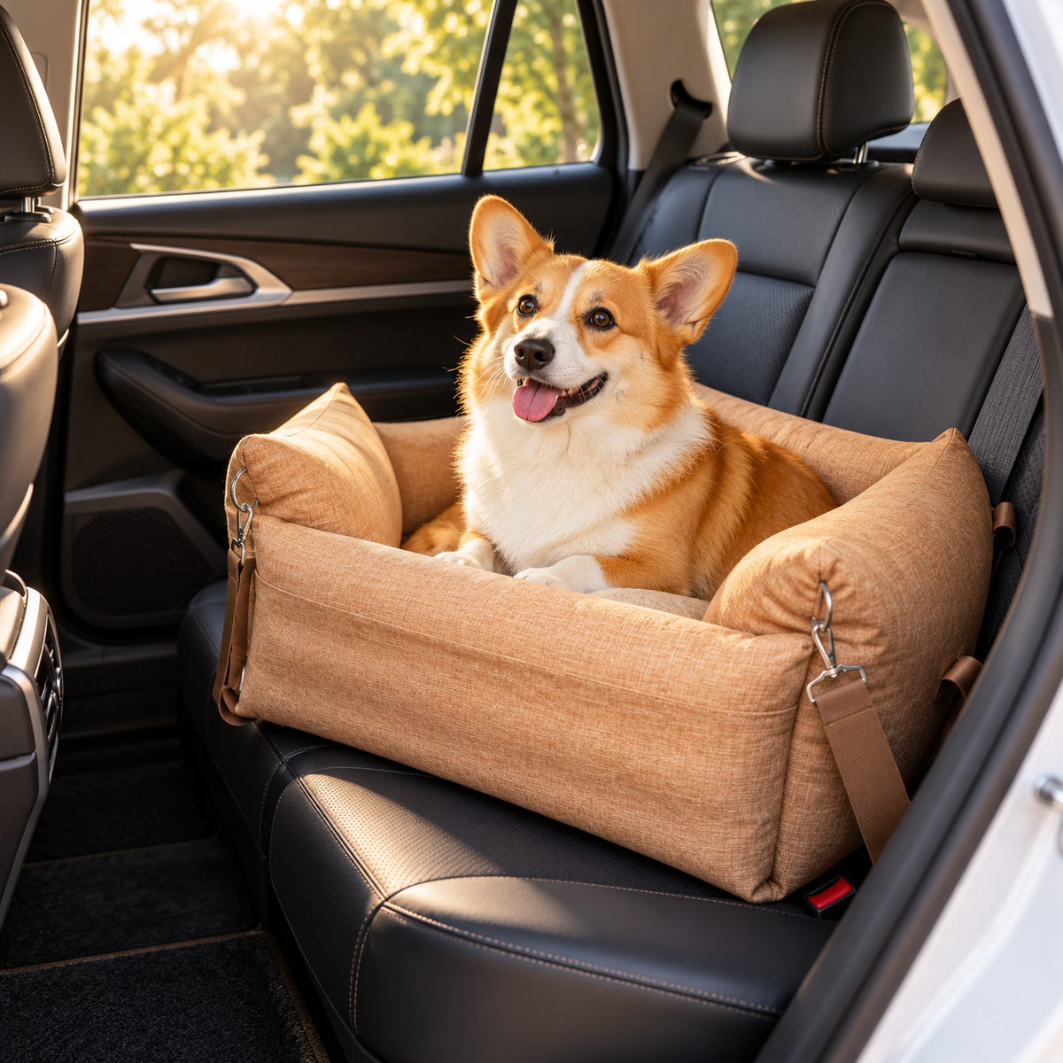 Dog using the inflatable dog car seat on the rear seat of a car