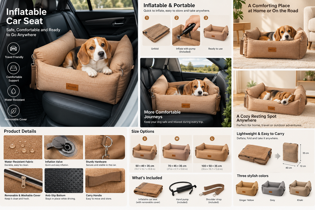 Inflatable dog car seat product details including inflation valve, removable washable cover, water-resistant upholstery and secure hardware