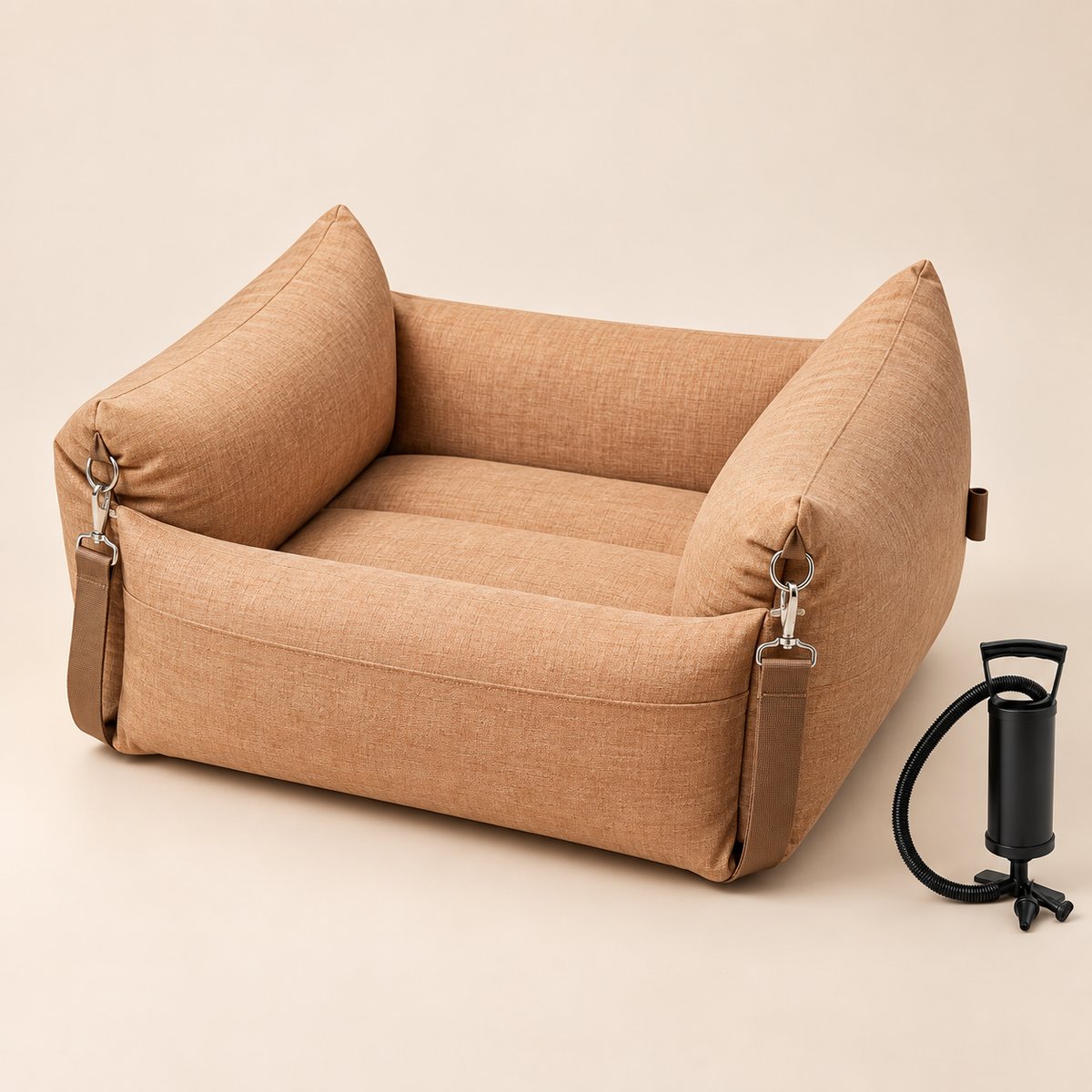 Inflatable dog car seat and travel bed in ginger yellow upholstery fabric with included hand pump
