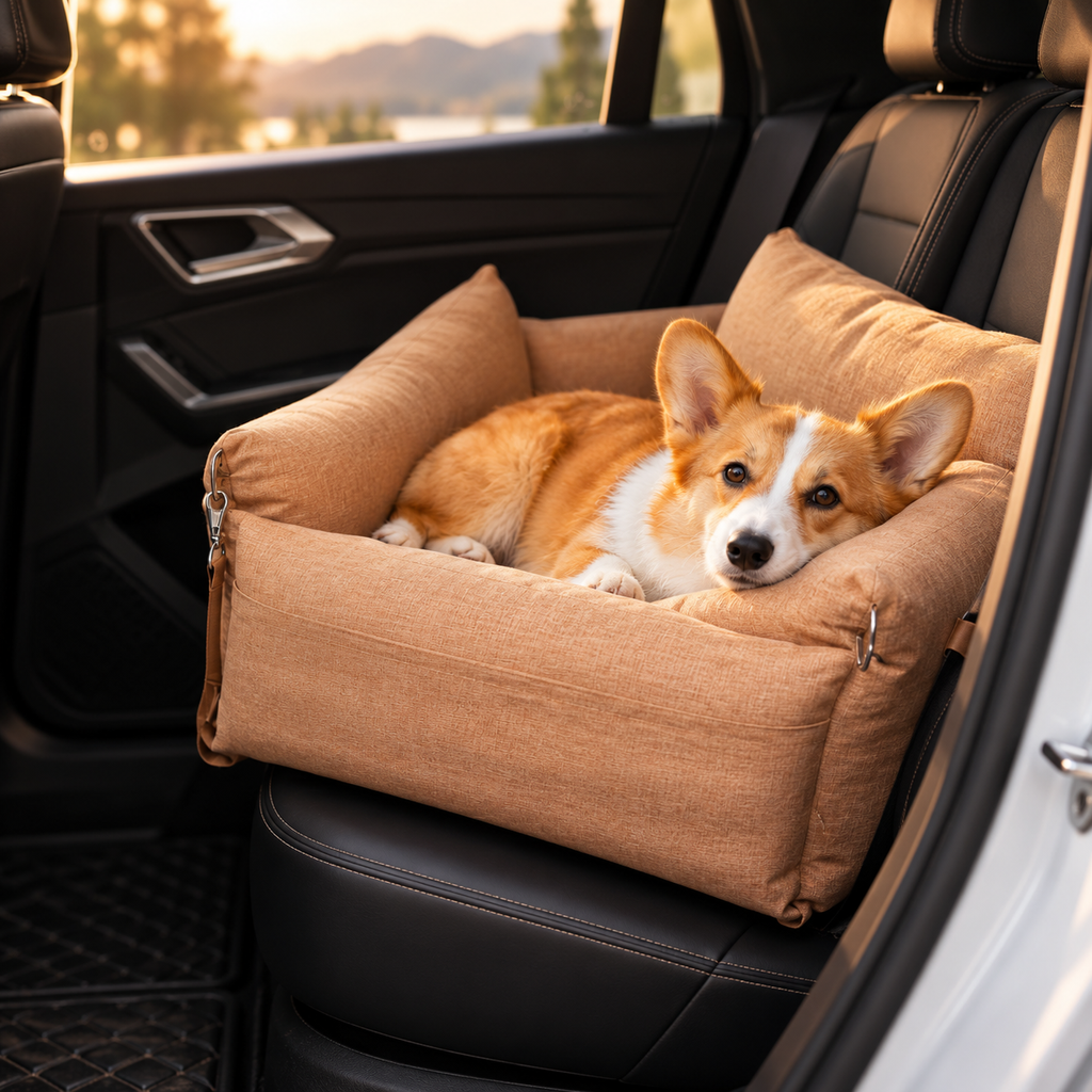Dog resting in an inflatable pet car seat during travel
