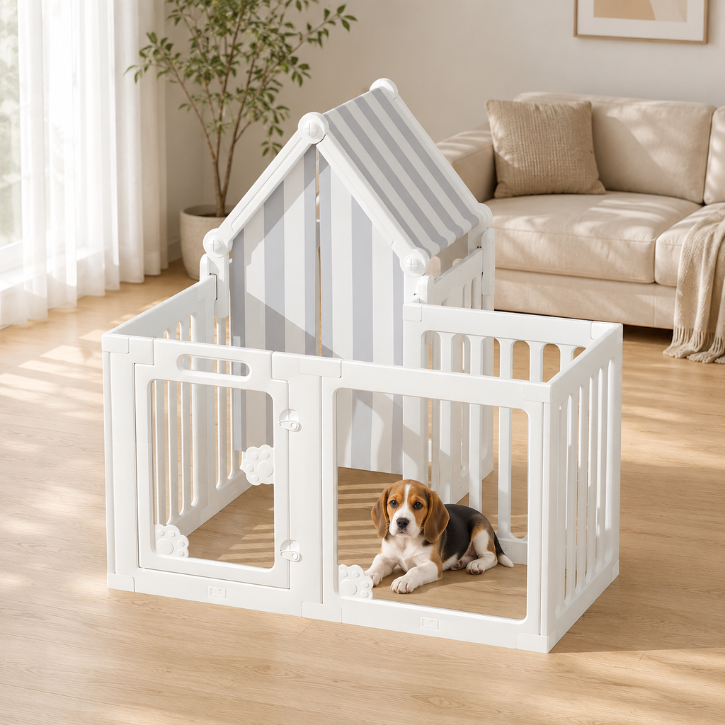 Small Beagle puppy in Percudi modular pet playpen with integrated resting zone