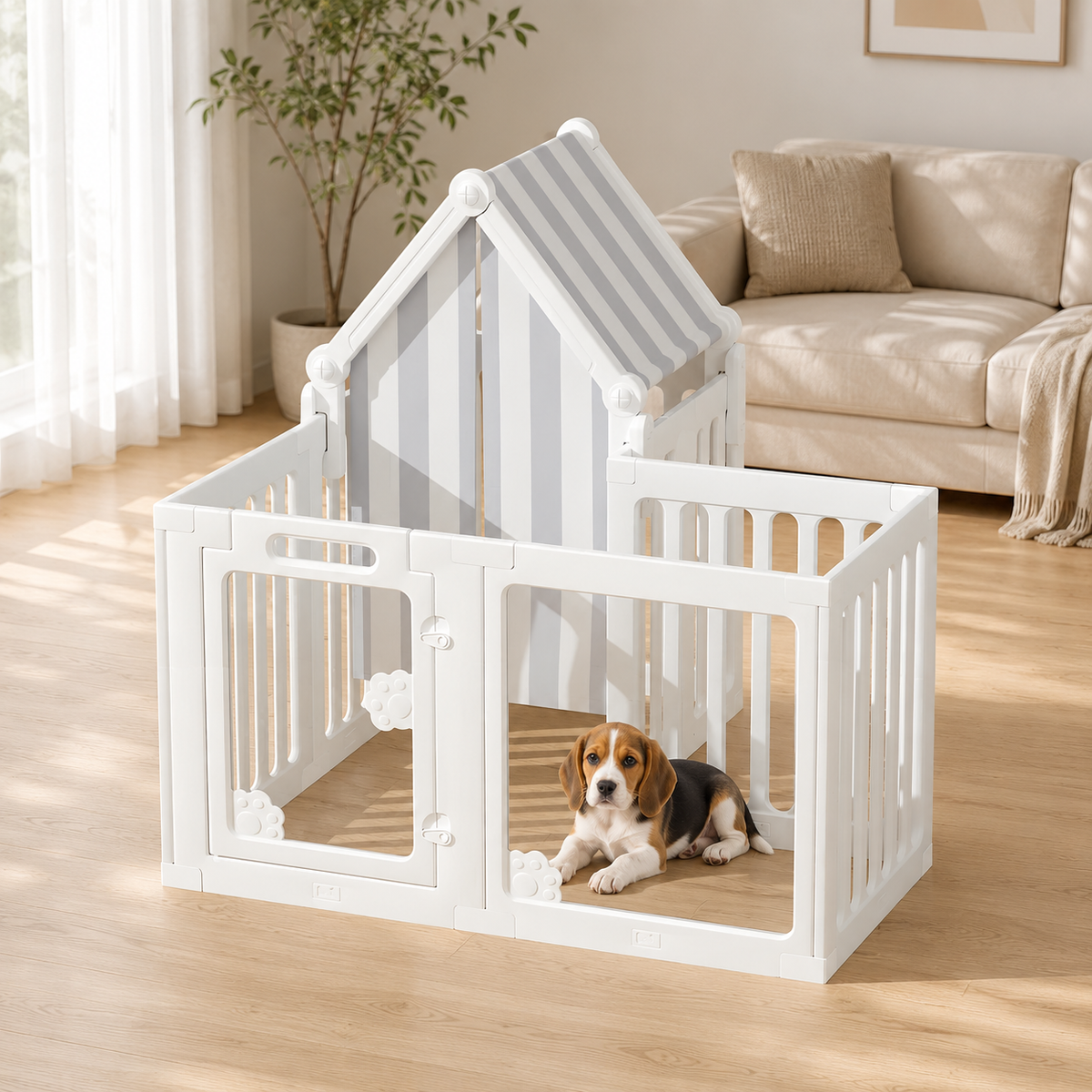 Small Beagle puppy in Percudi modular pet playpen with integrated resting zone