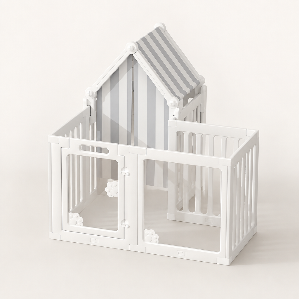 Percudi HDPE modular pet playpen with integrated resting zone on warm white background