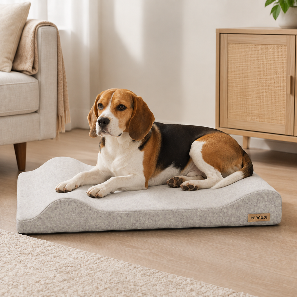 Tricolor beagle resting on a light gray air-fiber pet mat at home