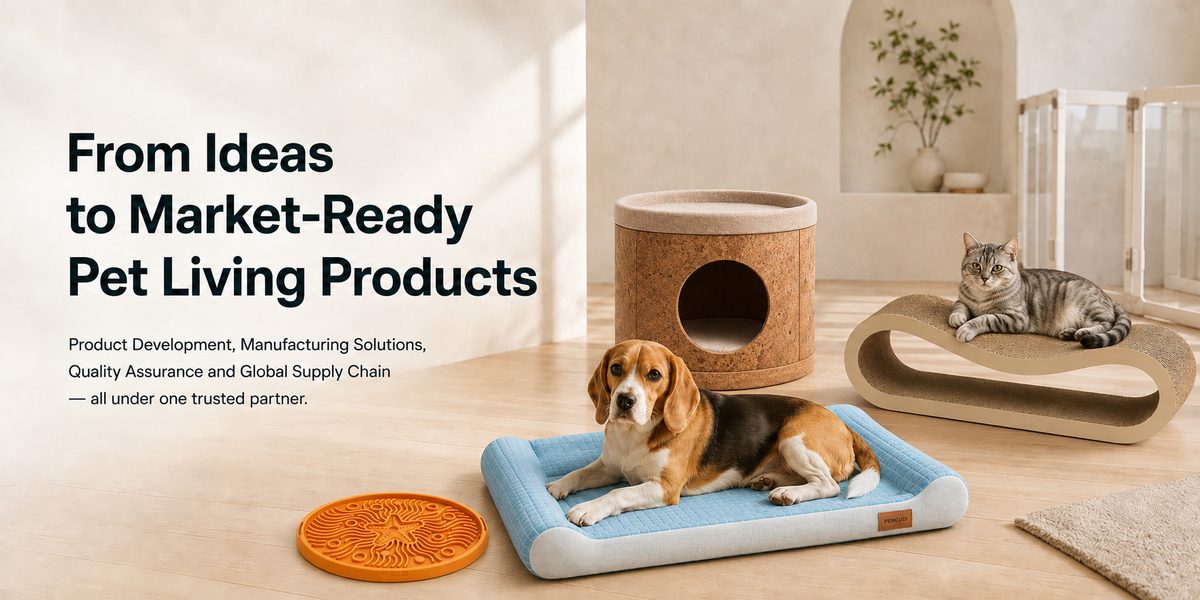 Percudi silicone feeding mat, cooling pet bed, natural cork cat house and corrugated cat scratcher in a premium home interior