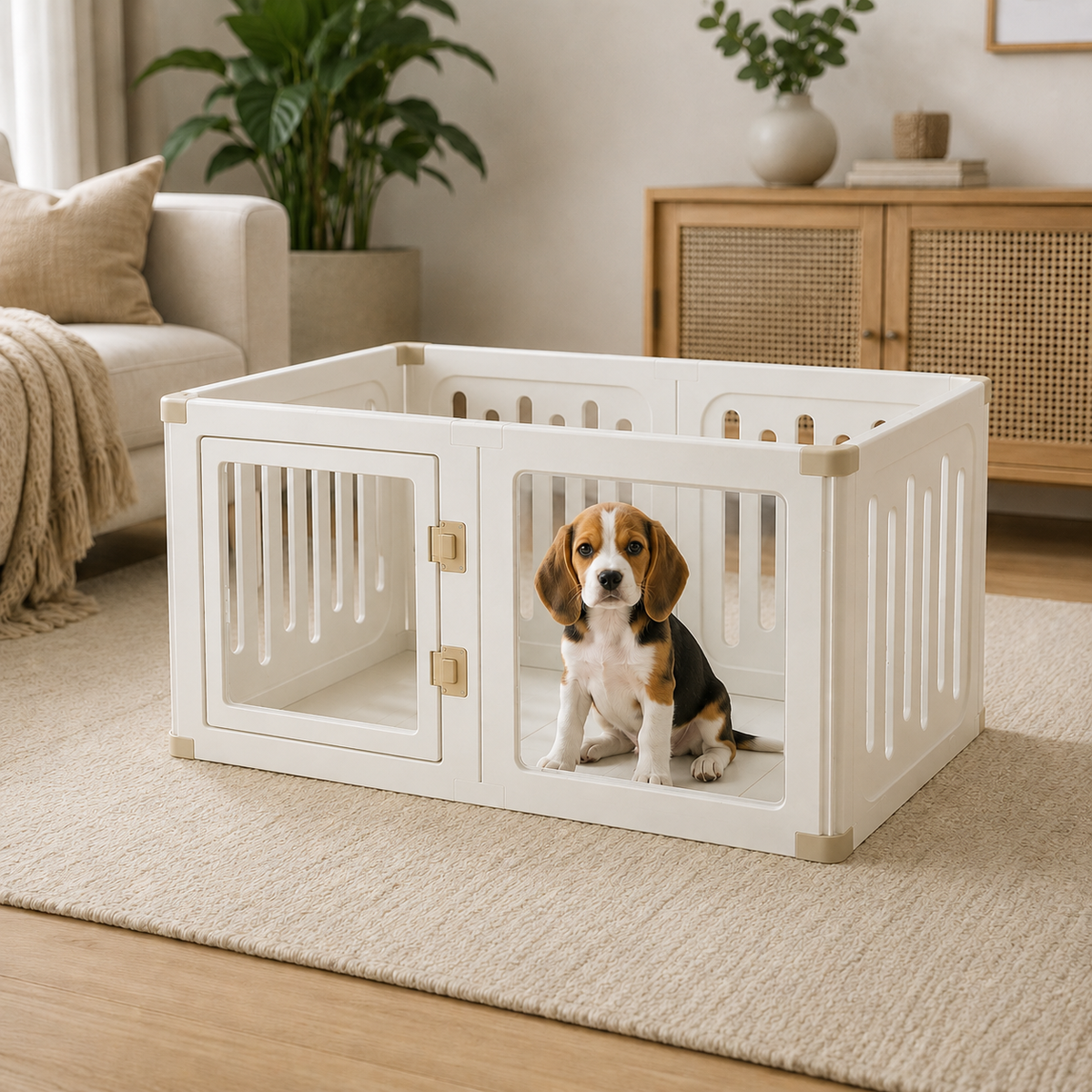 Small Beagle puppy in Percudi mixed clear-panel pet playpen