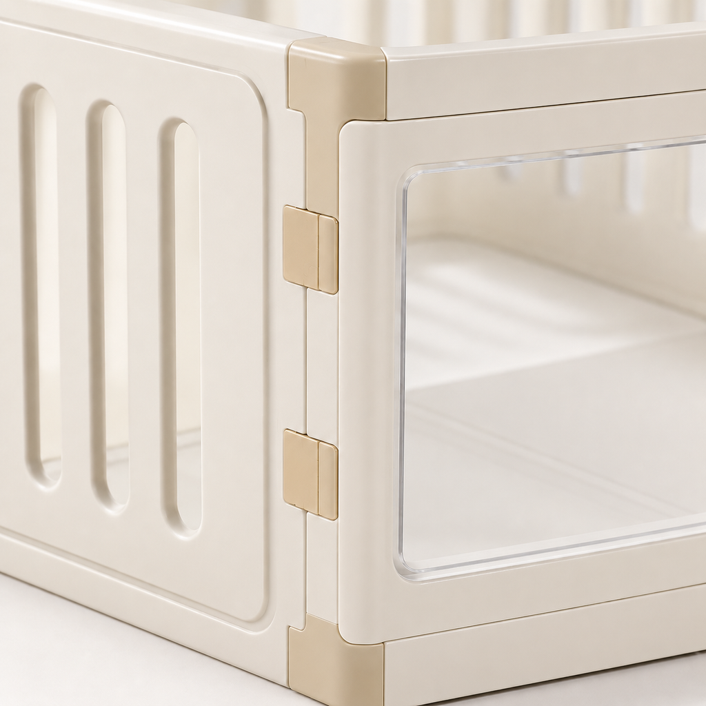 Percudi mixed clear-panel playpen concealed corner and door hinge detail