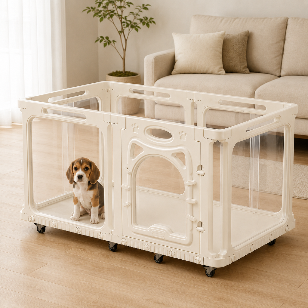 Small Beagle puppy in Percudi mobile HDPE playpen with clear viewing panels