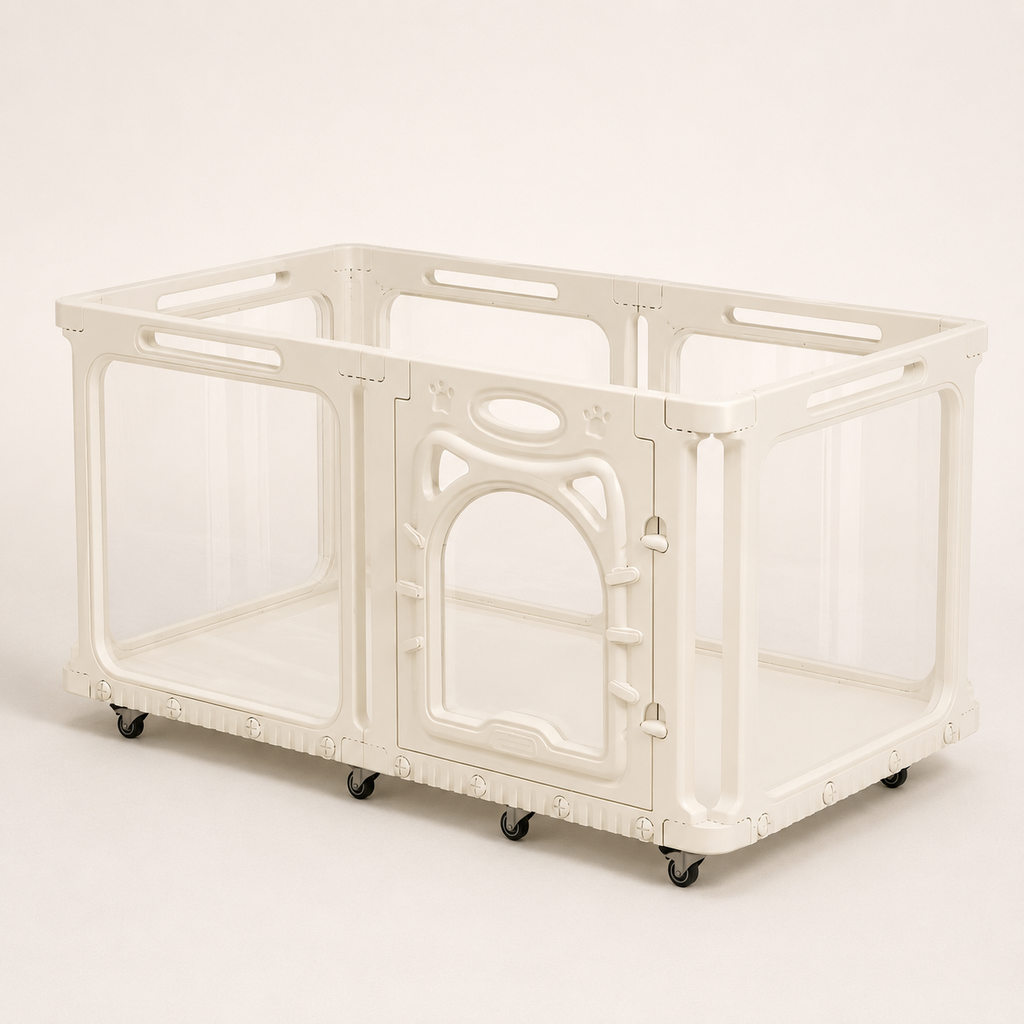 Percudi mobile HDPE pet playpen with clear panels integrated base and caster wheels