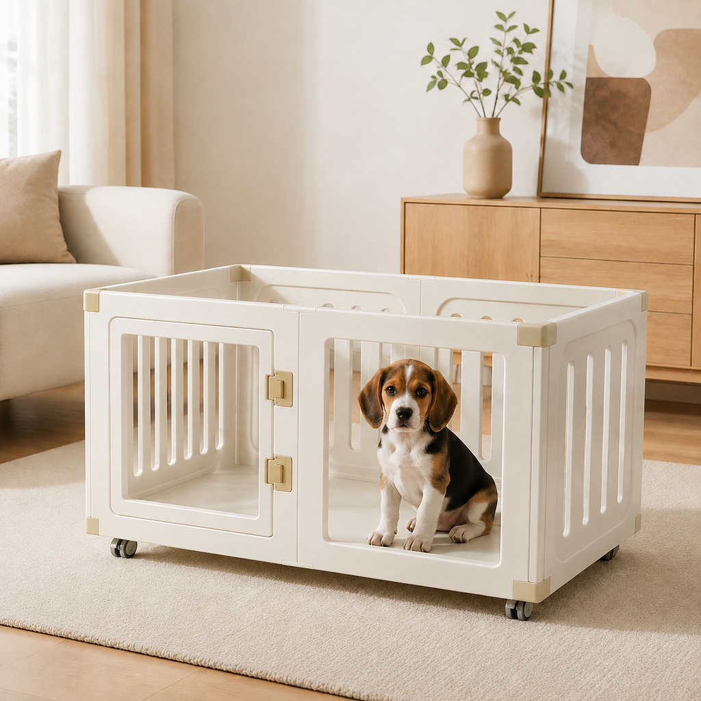 Small Beagle puppy in Percudi mobile pet playpen