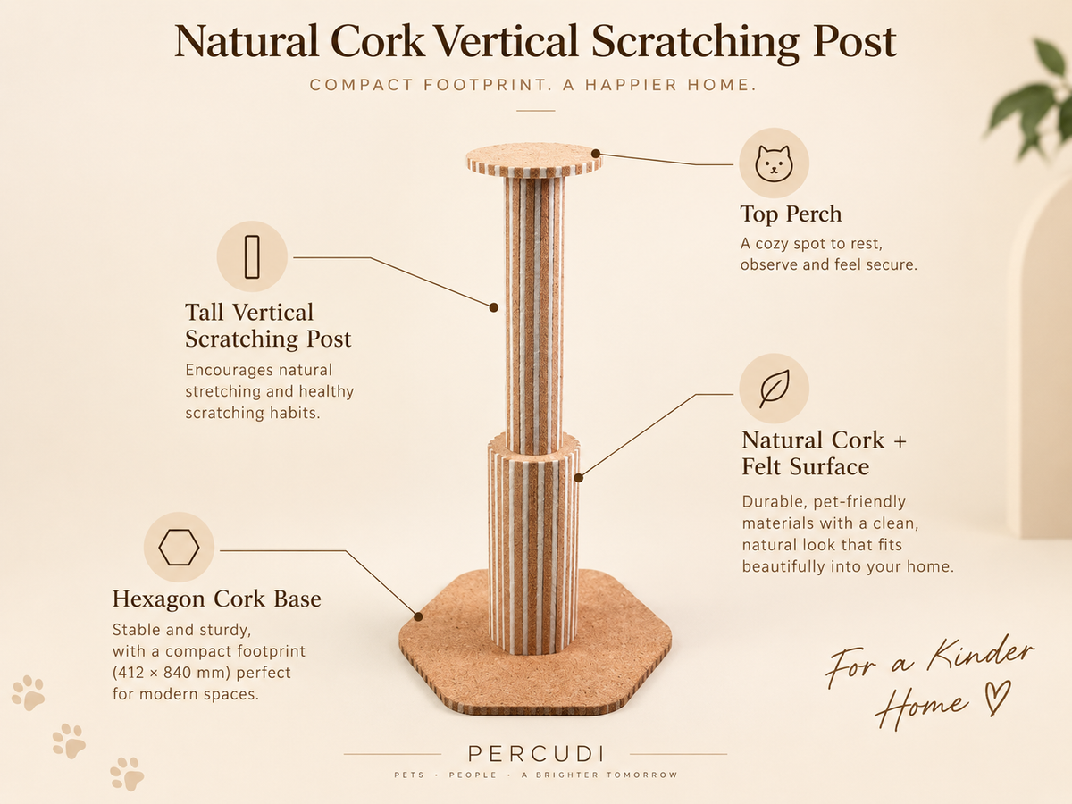 Product infographic showing the tall vertical scratching post, top perch, natural cork and felt surface, and stable hexagon base