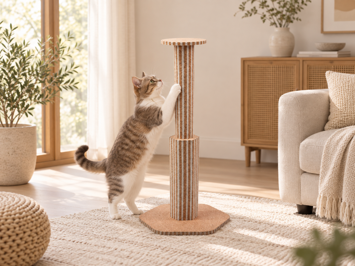 Cat using a natural cork double-column hexagon-base scratching post in a warm modern home
