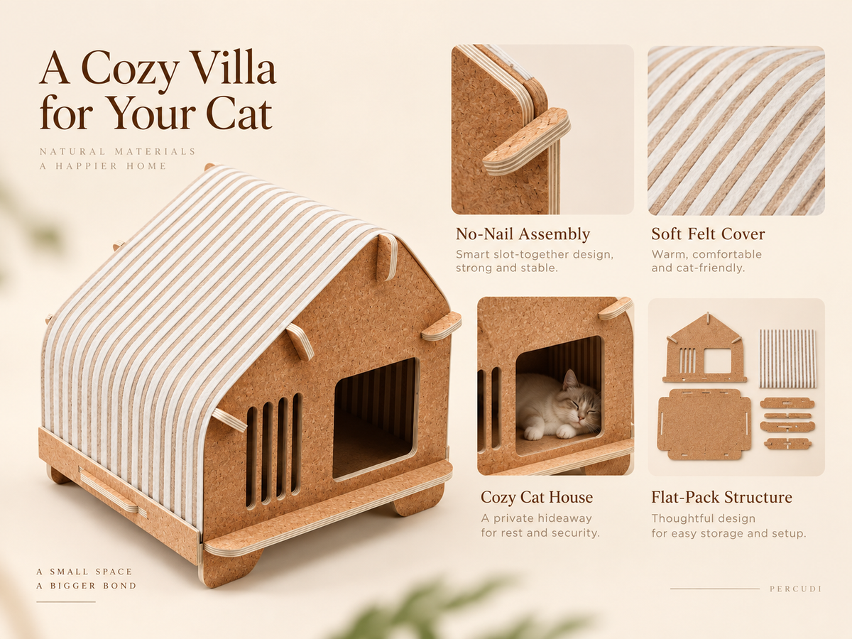 Natural cork flat-pack cat villa detail infographic showing slot-together assembly, soft white felt cover, flat-pack structure and cozy hideaway