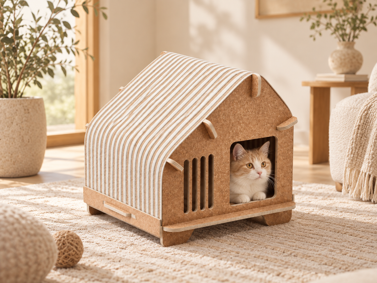 Cat resting inside a natural cork flat-pack cat villa with white felt roof in a warm modern living room