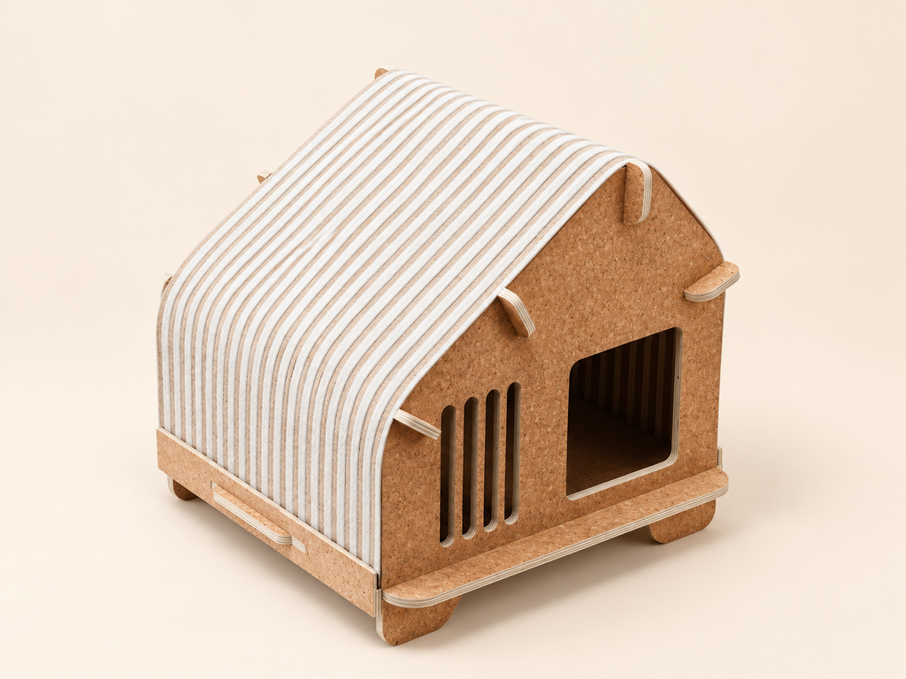 Natural cork flat-pack cat villa with angled roof and white felt cover on a warm neutral background