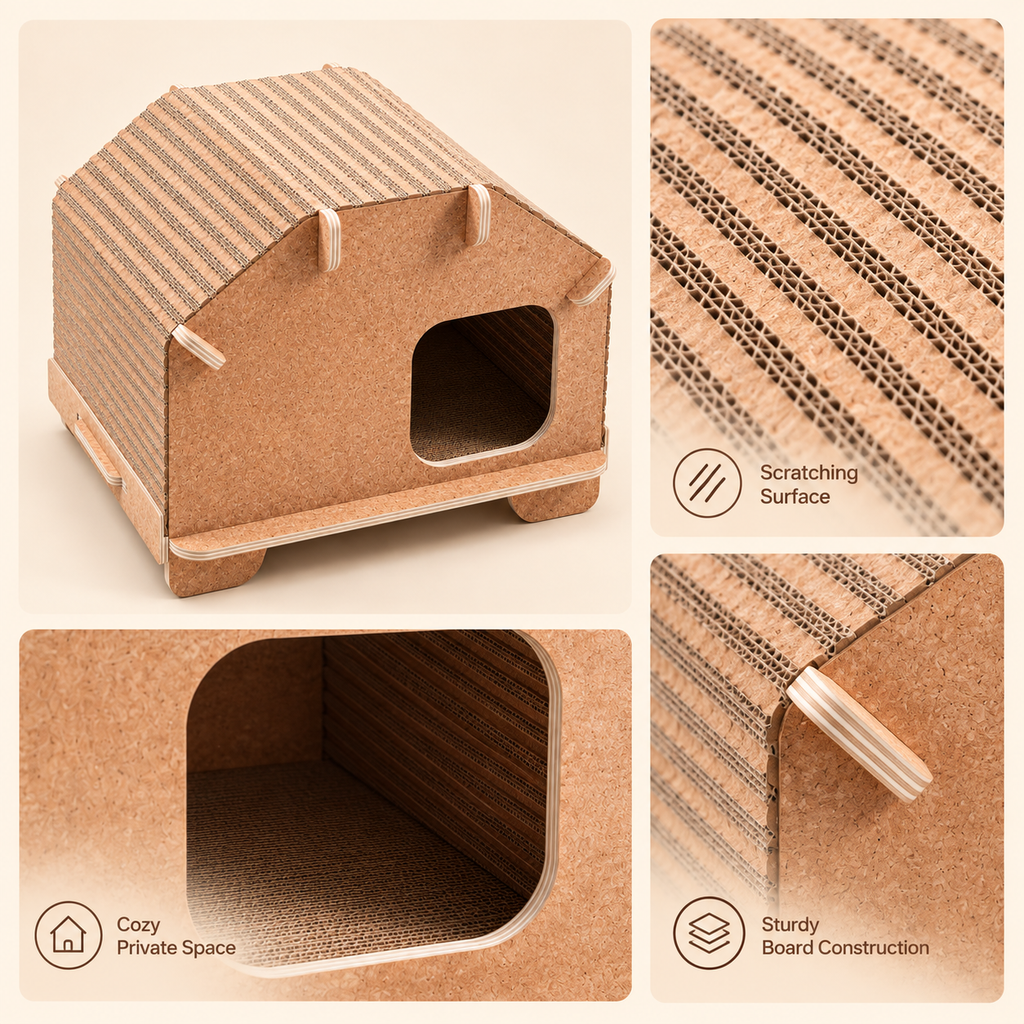 Detail collage of natural cork flat-pack rounded-roof cat villa showing corrugated scratching roof, cozy interior and sturdy board construction
