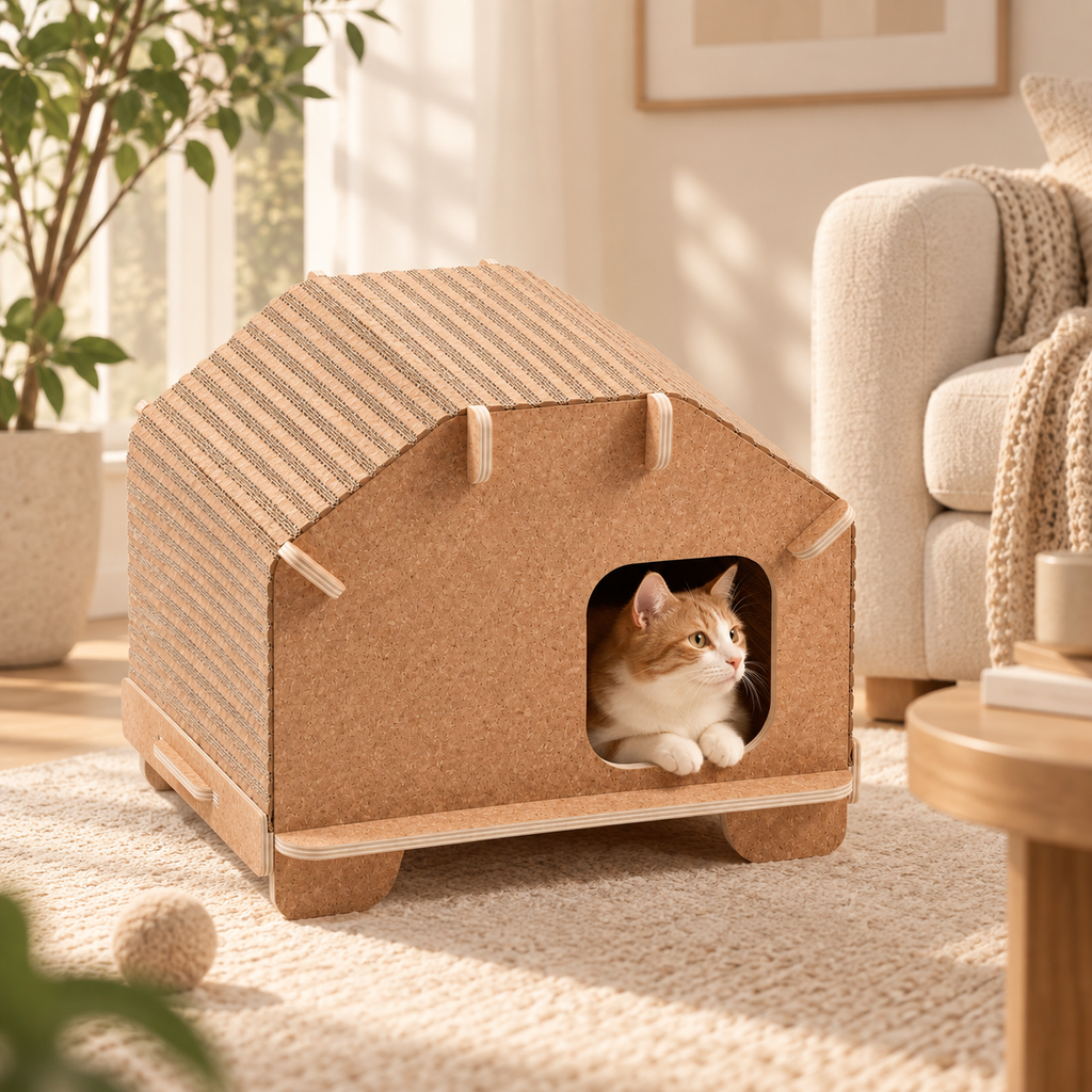 Cat resting inside a natural cork rounded-roof cat villa in a warm neutral living room